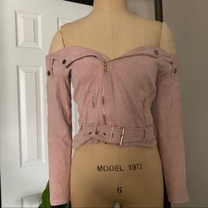 PINK SUEDE OFF SHOULDER LONG SLEEVE TOP